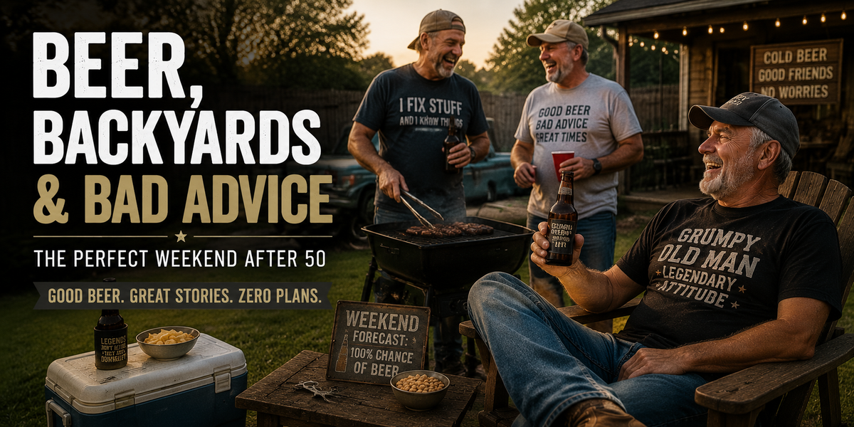 Older friends enjoying beer and a backyard barbecue on the weekend