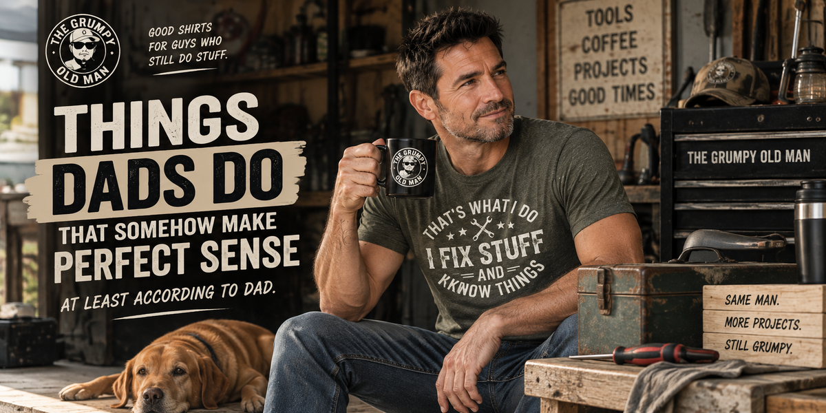 Dad in his garage surrounded by the things he refuses to throw away