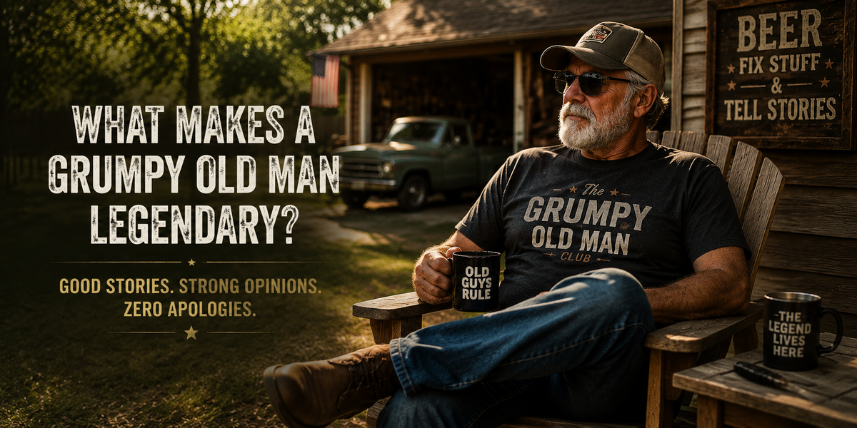 Older grumpy man relaxing outside with coffee representing The Grumpy Old Man lifestyle