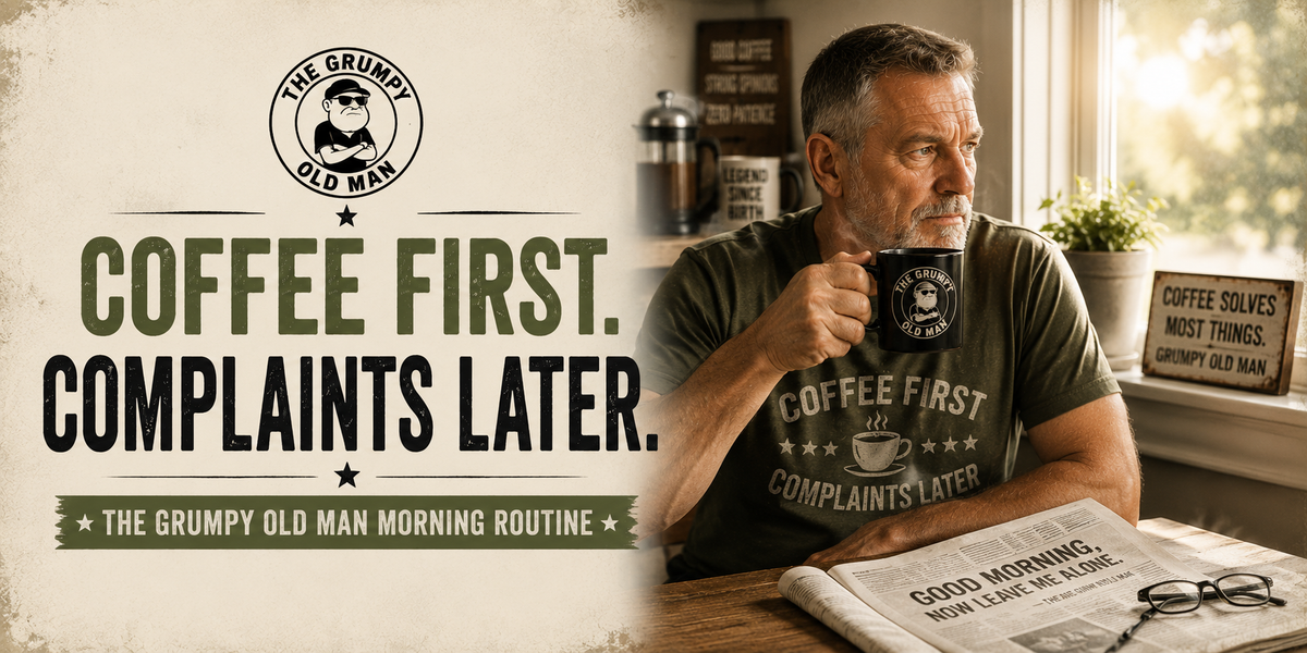 Grumpy old man enjoying his morning coffee before conversation