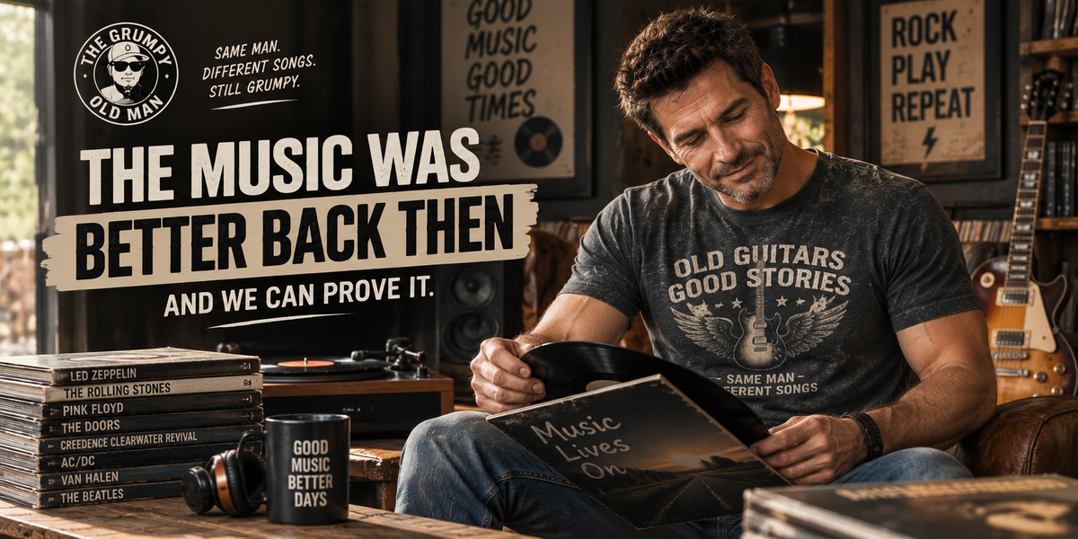 Dad enjoying old school music and guitar records at home