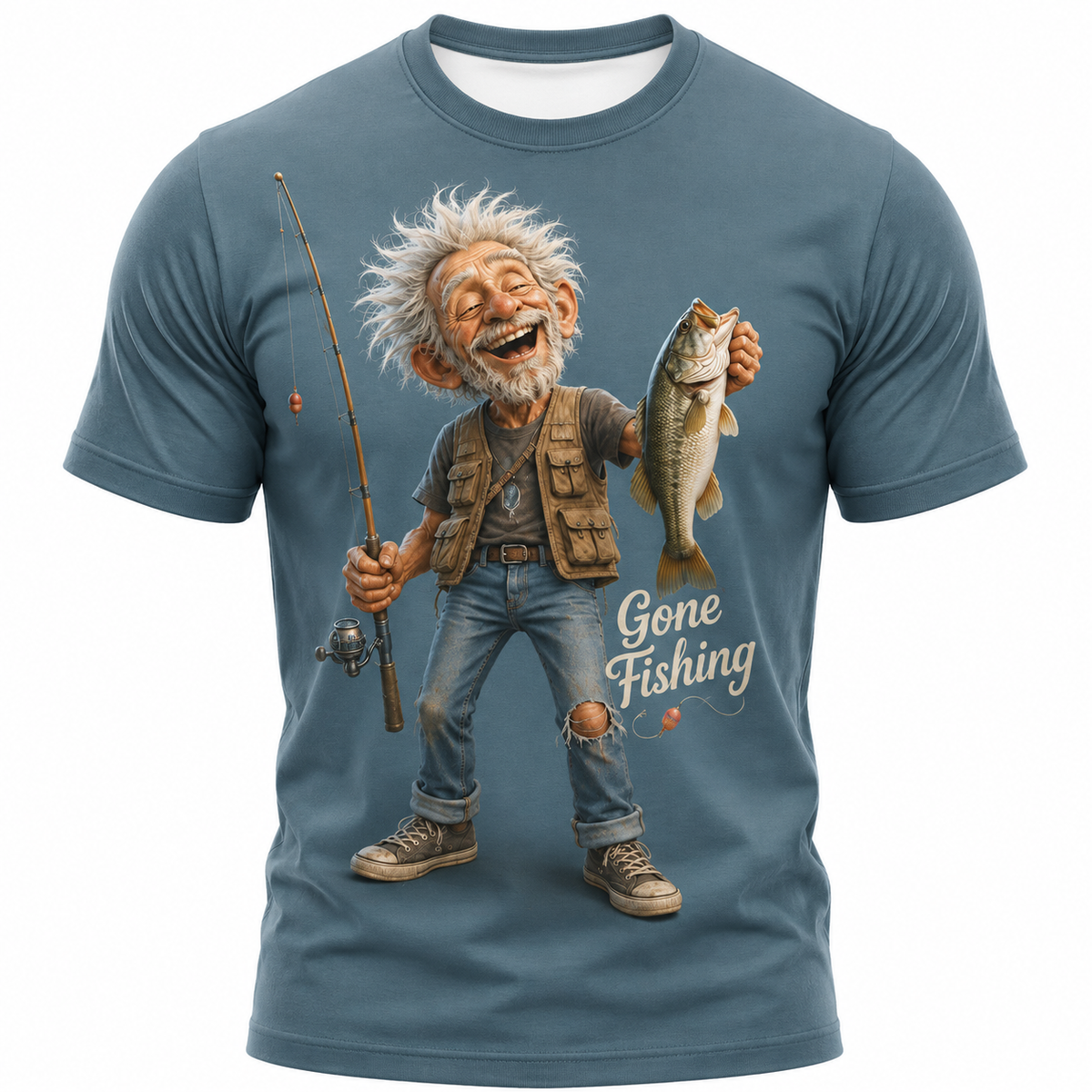 Retro Old Man Fishing Bass Print Graphic Tee
