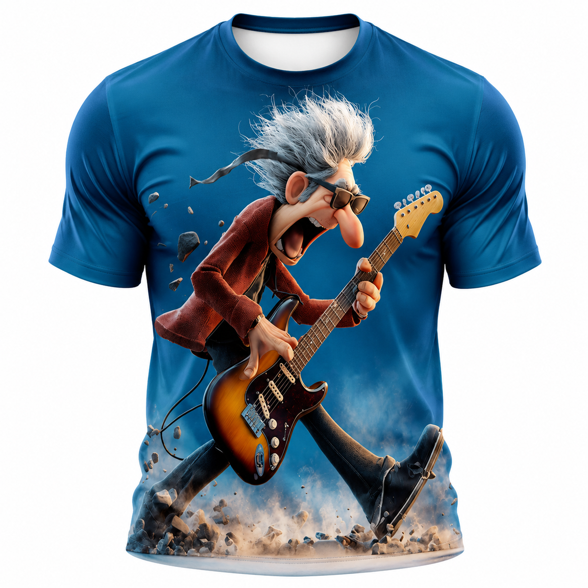 Funny Guitar Music Old Rocker Print Tee