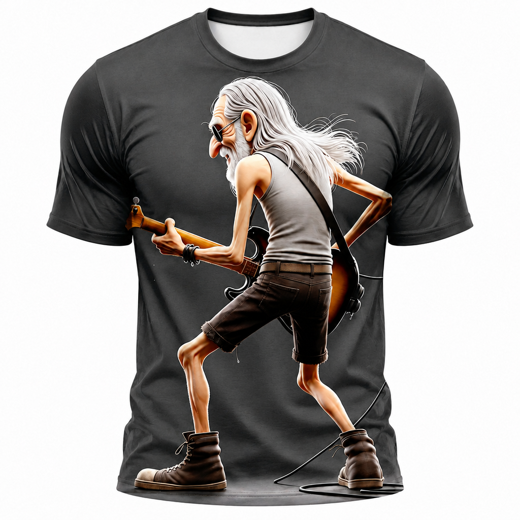 Funny Guitar Music Old Rocker Print Tee