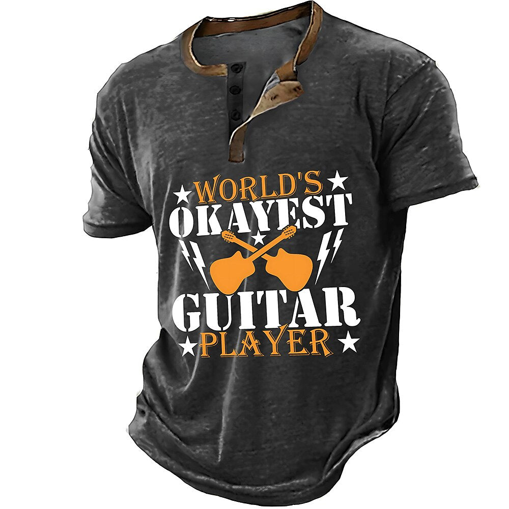 Music Festival Guitar Vintage Graphic Short Sleeve Henley Tee