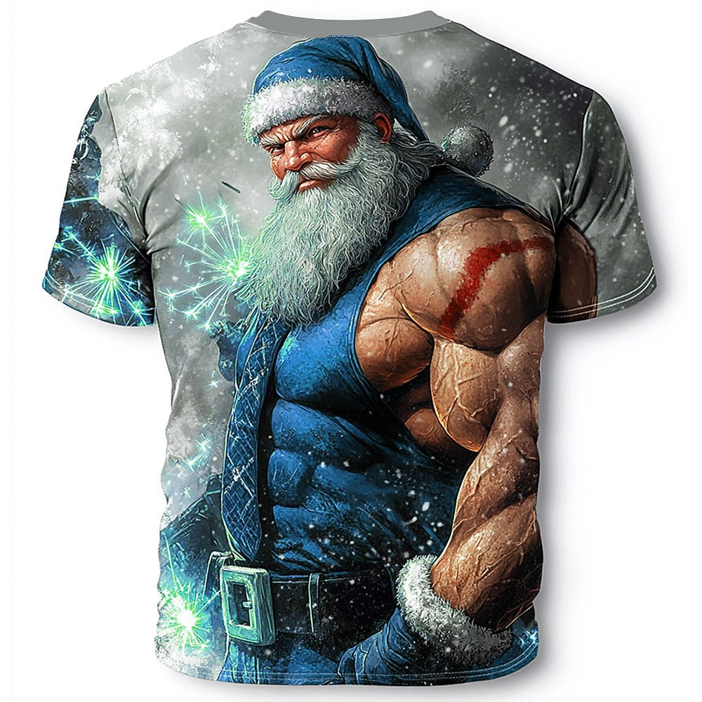 Muscle Santa Claus Christmas Street Style Graphic Casual Tee