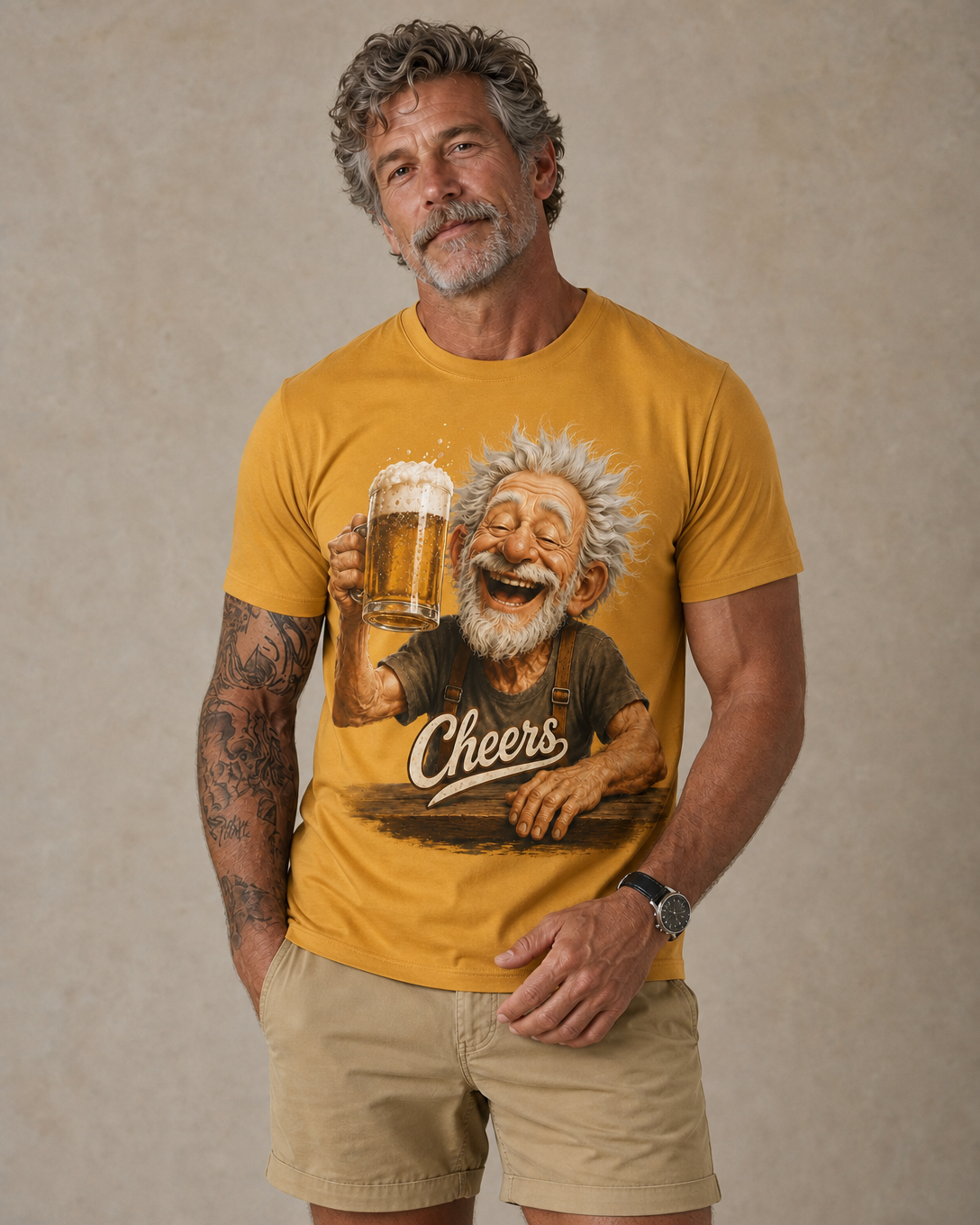 Cheers Old Man Beer Cartoon Graphic Tee