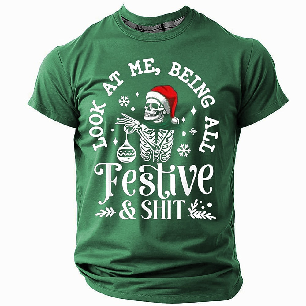 Christmas Skull Hat Funny Holiday Graphic Short Sleeve Tee