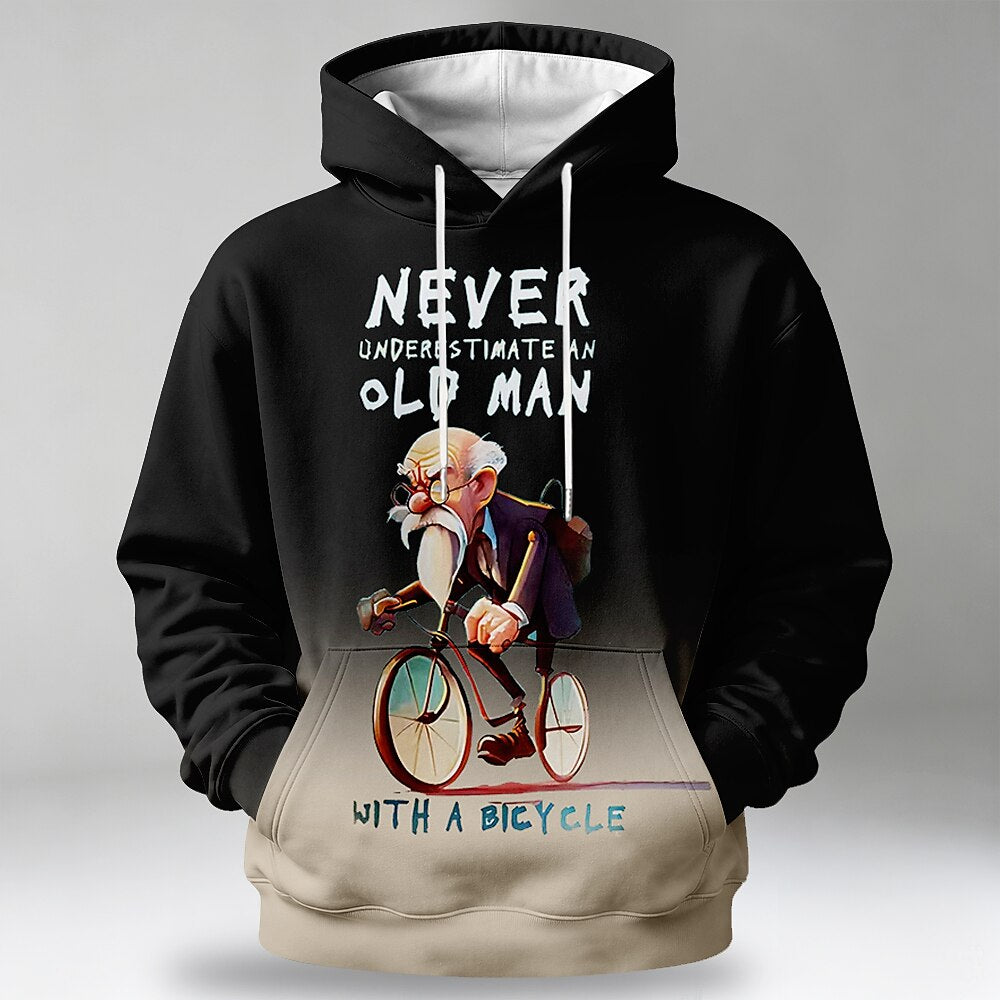 Vintage Old Man Street Bicycle Riding Graphic Long Sleeve Hoodie
