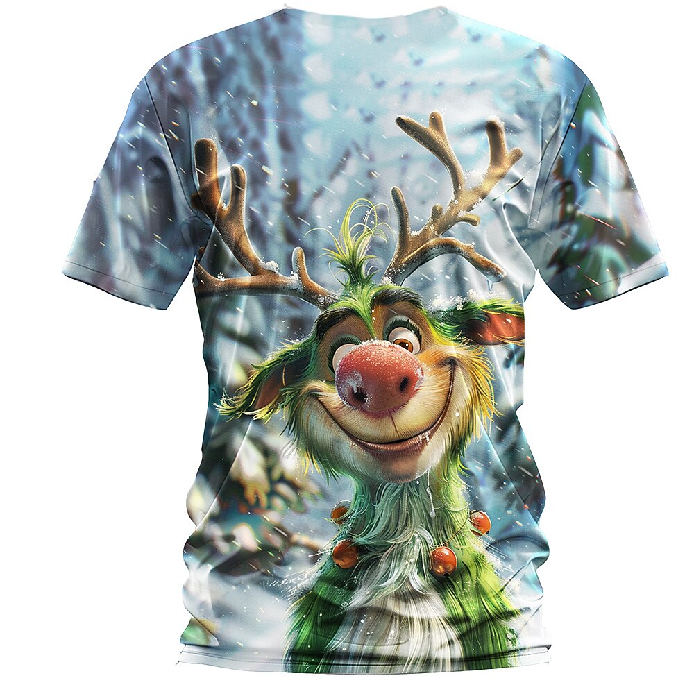 Christmas Elk Cartoon Animal Holiday Graphic Short Sleeve Tee