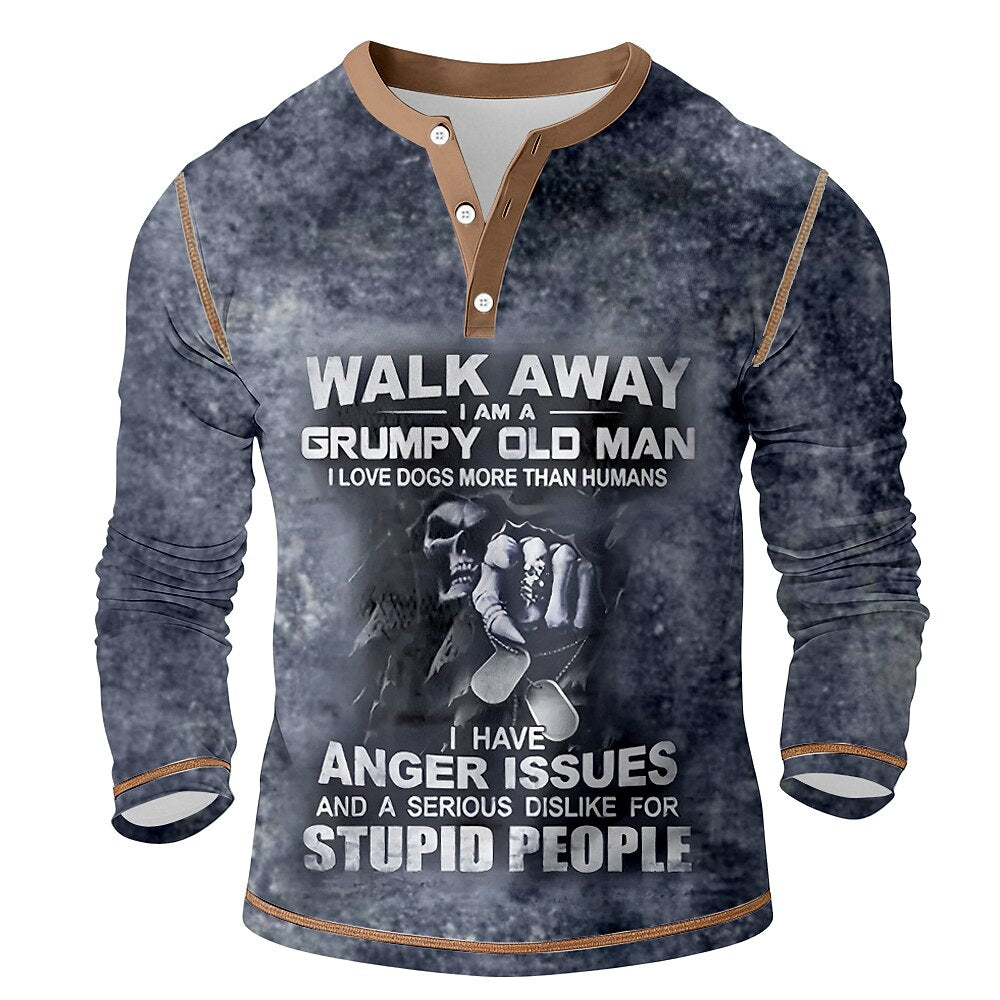 Vintage Grumpy Old Man Attitude Graphic Long Sleeve Henley