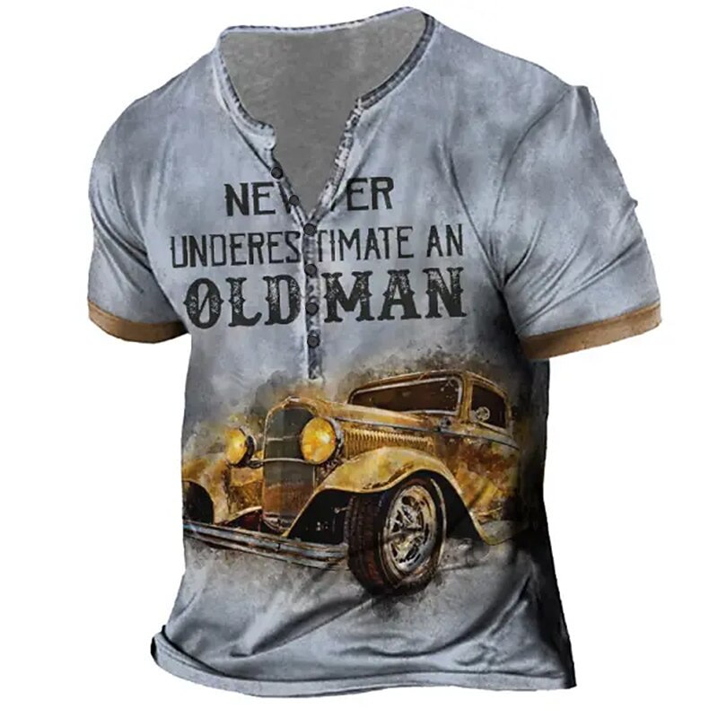 Old Man Vintage Classic Car Graphic Henley Shirt