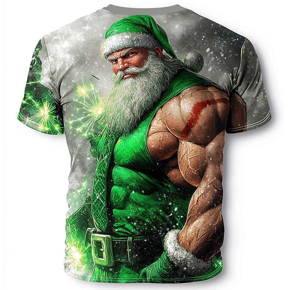 Muscle Santa Claus Christmas Street Style Graphic Casual Tee