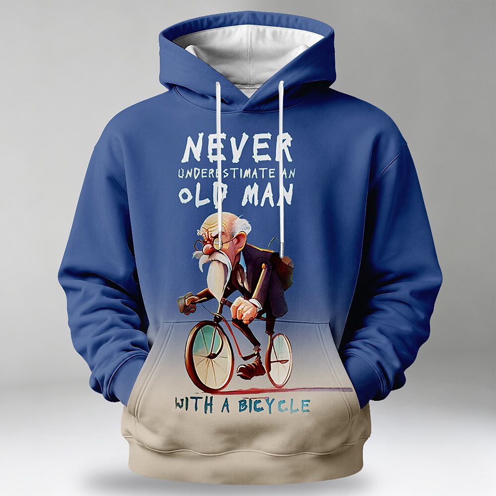 Vintage Old Man Street Bicycle Riding Graphic Long Sleeve Hoodie