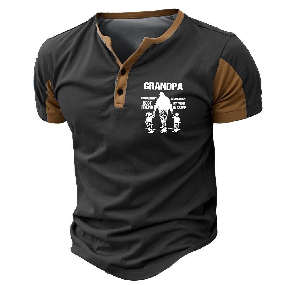 Grandpa Letters Classic Retro Graphic Short Sleeve Henley Shirt
