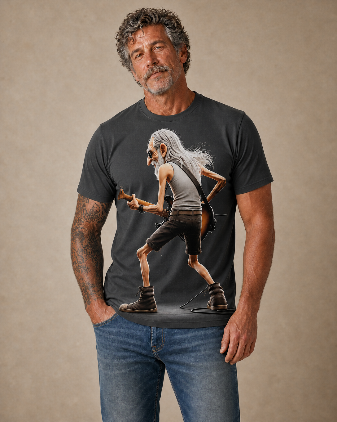 Funny Guitar Music Old Rocker Print Tee