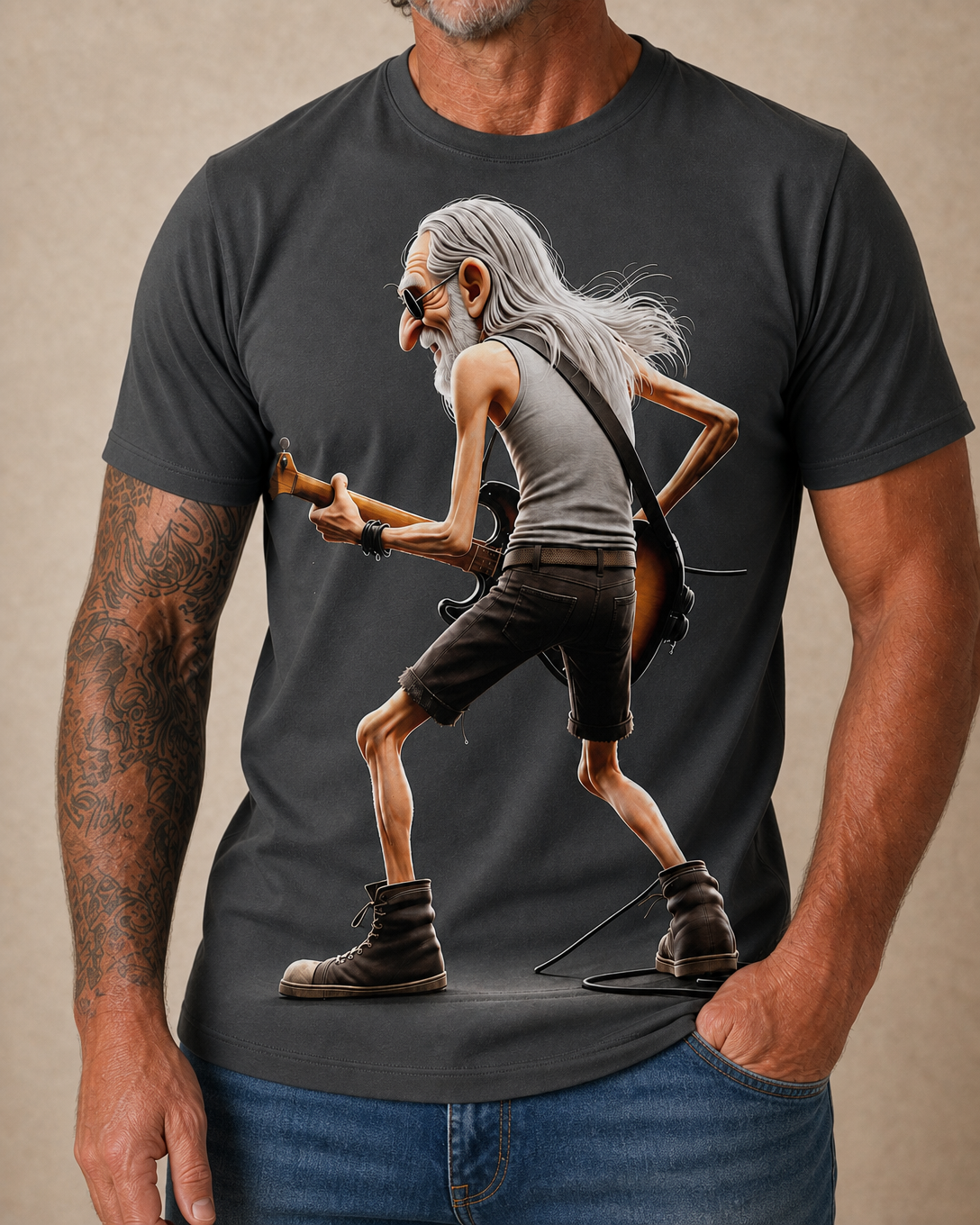 Funny Guitar Music Old Rocker Print Tee