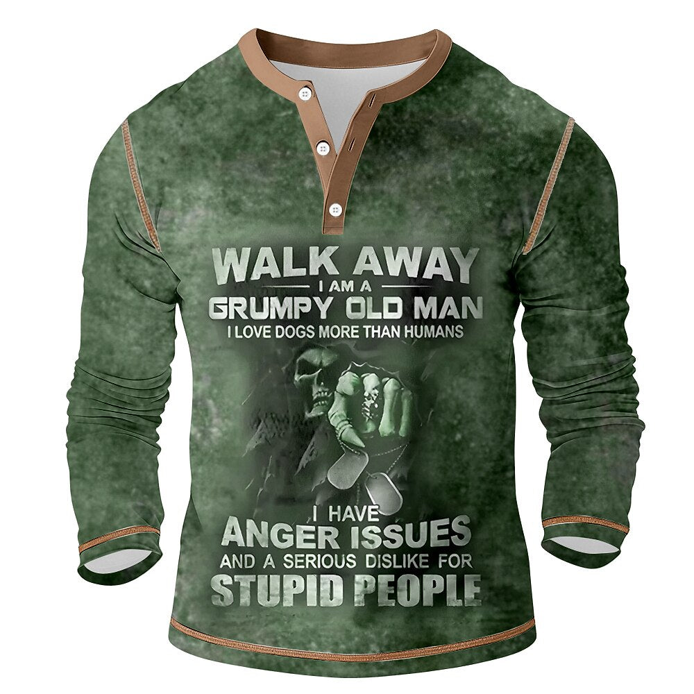 Vintage Grumpy Old Man Attitude Graphic Long Sleeve Henley