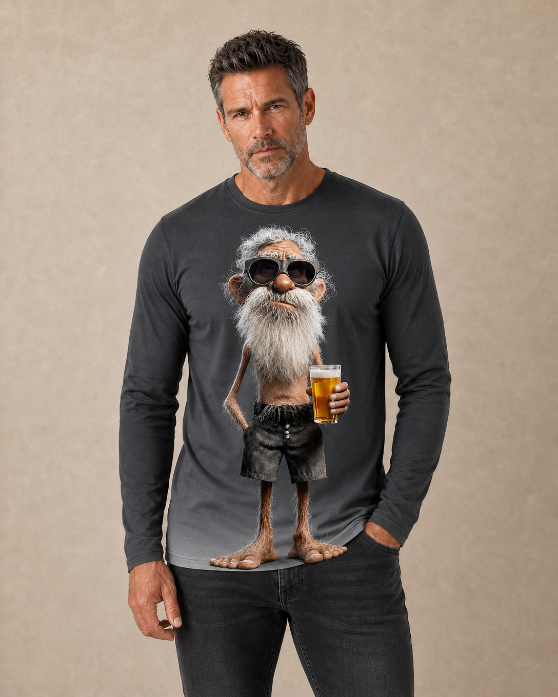 Happy Beer Old Man Graphic Long-sleeve Tee