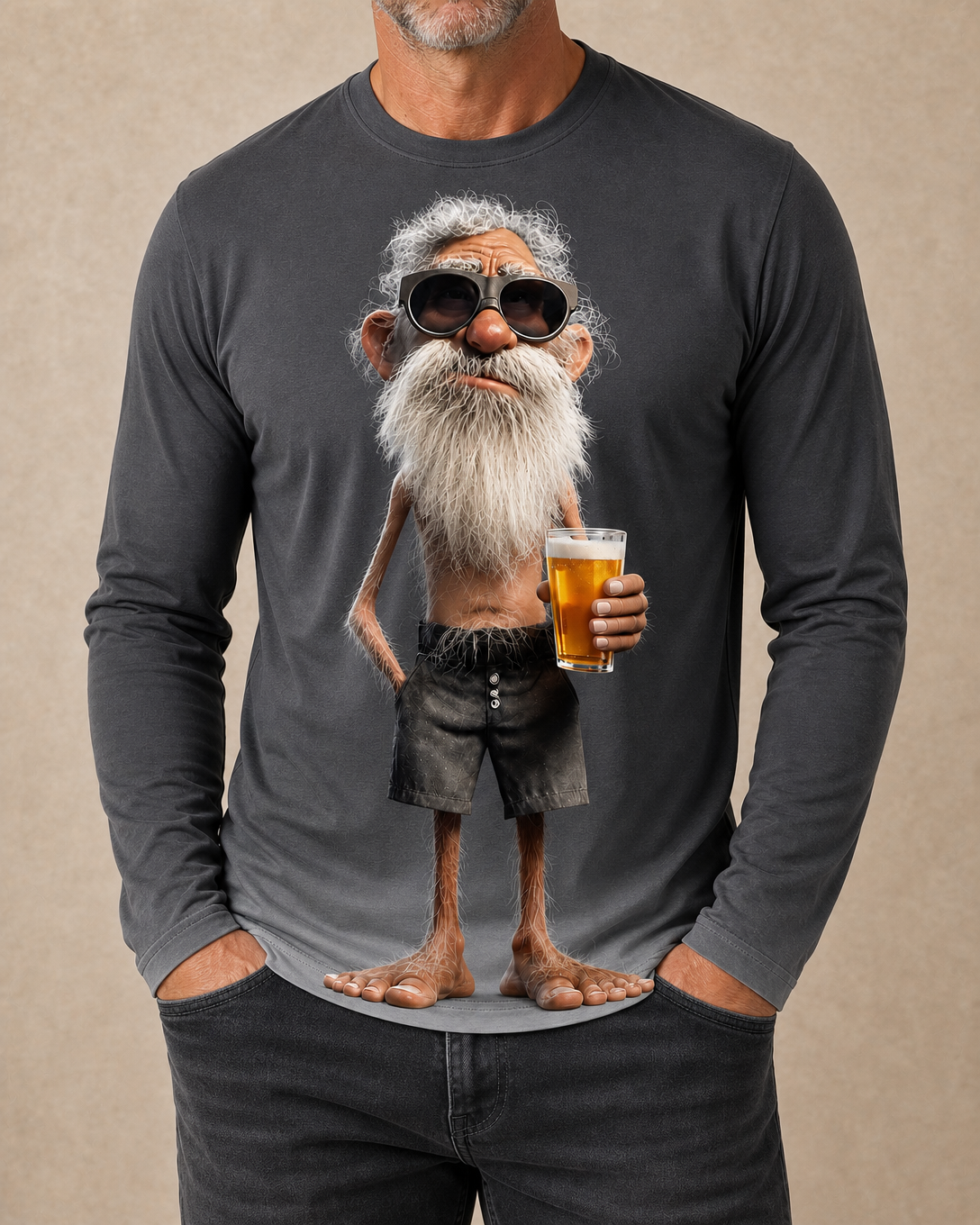 Happy Beer Old Man Graphic Long-sleeve Tee
