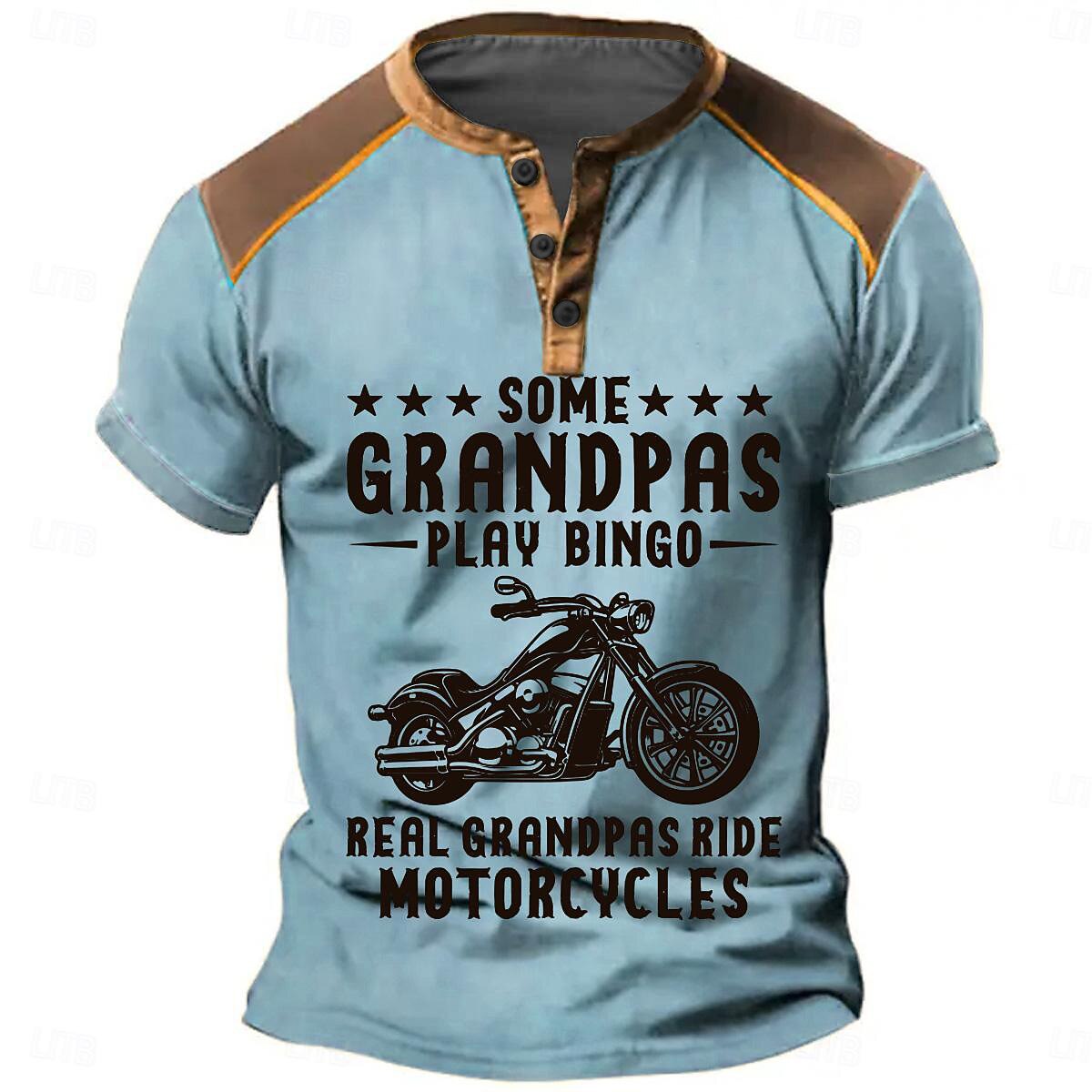 Motorcycle Grandpa Riding Retro Graphic Short Sleeve Henley Shirt