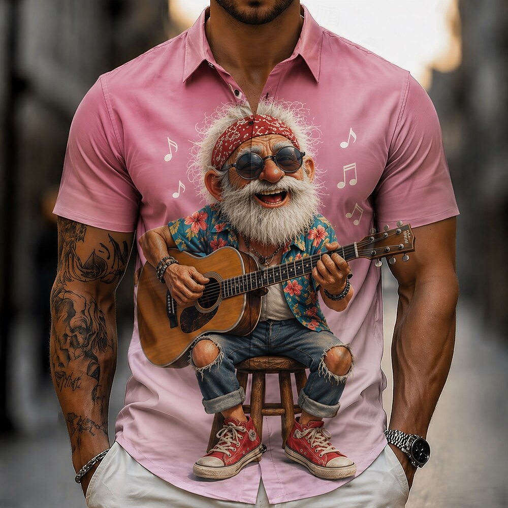 Cartoon Guitarist Old Man Music Player Short Sleeve Shirt