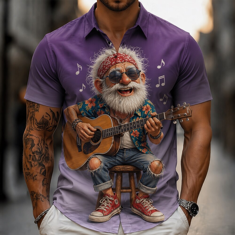 Cartoon Guitarist Old Man Music Player Short Sleeve Shirt