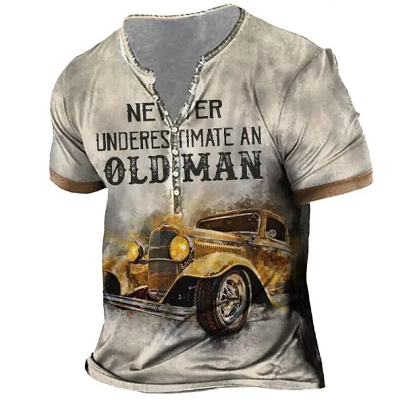 Old Man Vintage Classic Car Graphic Henley Shirt