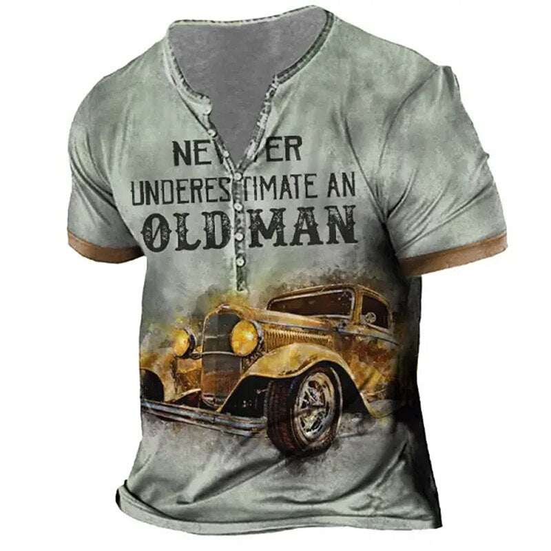 Old Man Vintage Classic Car Graphic Henley Shirt