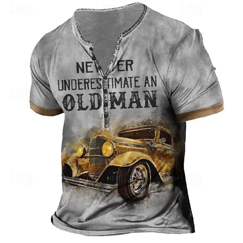 Old Man Vintage Classic Car Graphic Henley Shirt