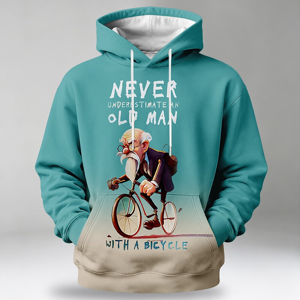 Vintage Old Man Street Bicycle Riding Graphic Long Sleeve Hoodie