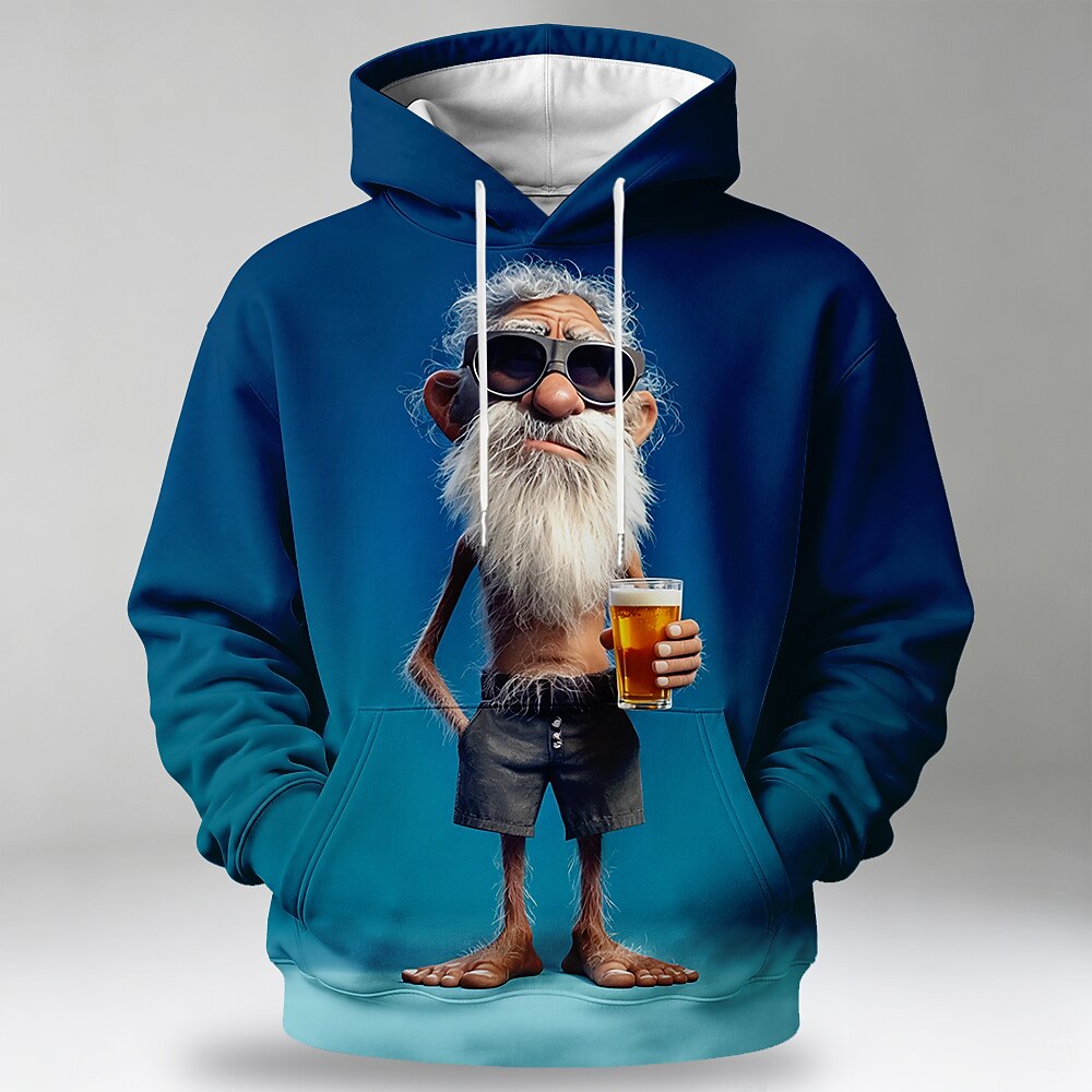 Beer Old Man Drawstring Pocket 3D Print Outdoor Graphic Hoodie