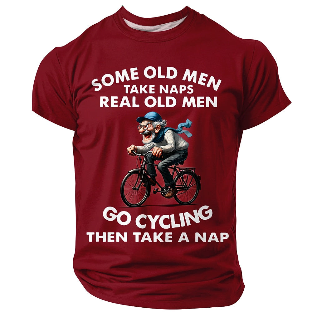 Old Men Cycling Nap Cartoon Graphic Tee
