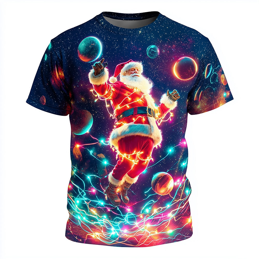 Space Santa Christmas Lights Funny Holiday Graphic Party Tee