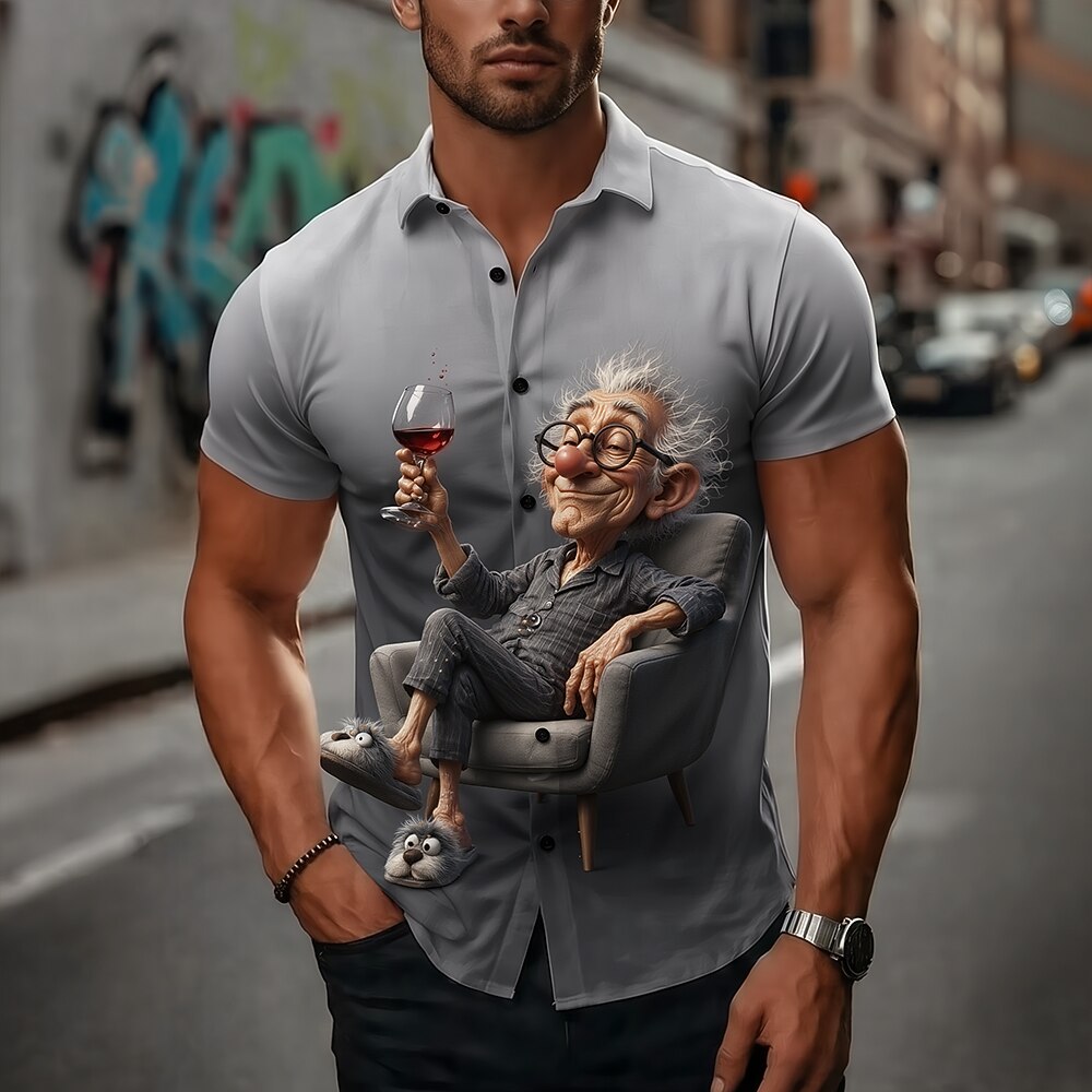 Cartoon Old Man Wine Drinking Vintage Short Sleeve Shirt