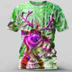 Christmas Elk Cartoon Animal Holiday Graphic Short Sleeve Tee