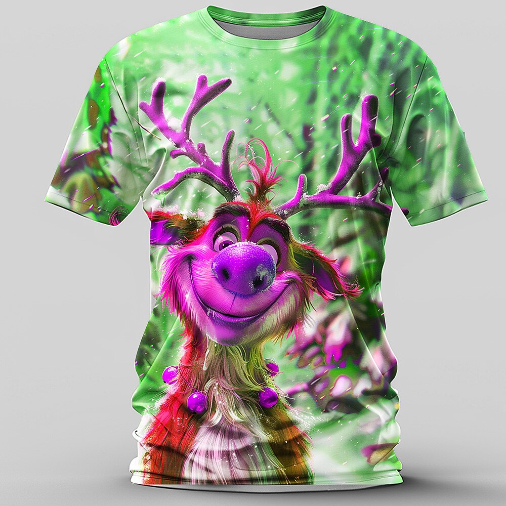 Christmas Elk Cartoon Animal Holiday Graphic Short Sleeve Tee