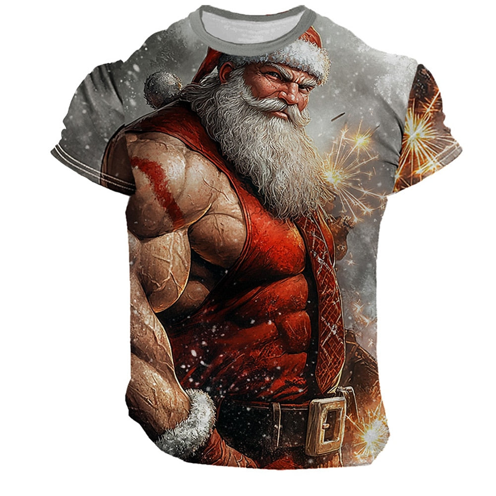 Muscle Santa Claus Christmas Street Style Graphic Casual Tee