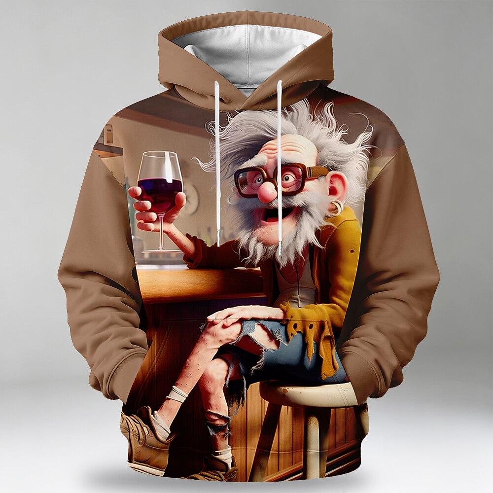 Old Man Wine Streetwear Pocket 3D Print Casual Graphic Hoodie