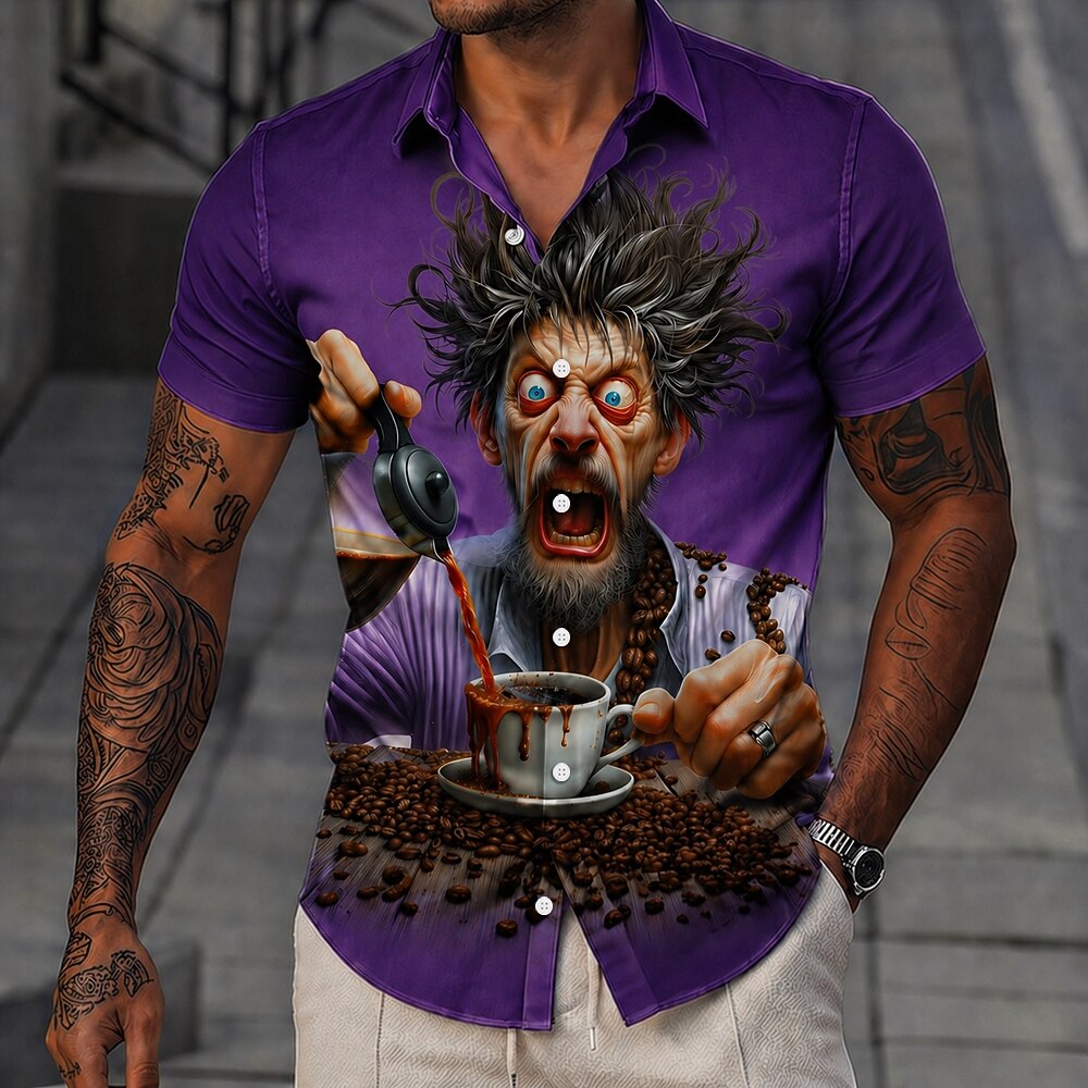 Coffee Cartoon Old Man Vintage Drinking Short Sleeve Shirt