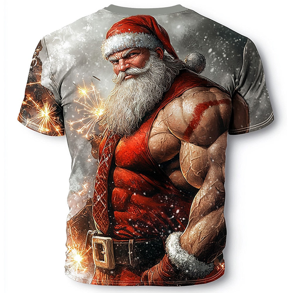 Muscle Santa Claus Christmas Street Style Graphic Casual Tee