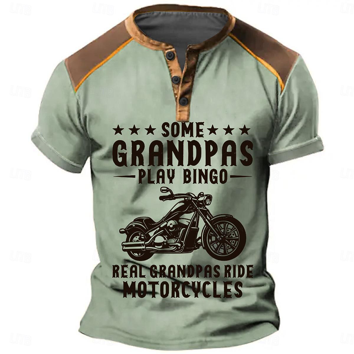 Motorcycle Grandpa Riding Retro Graphic Short Sleeve Henley Shirt