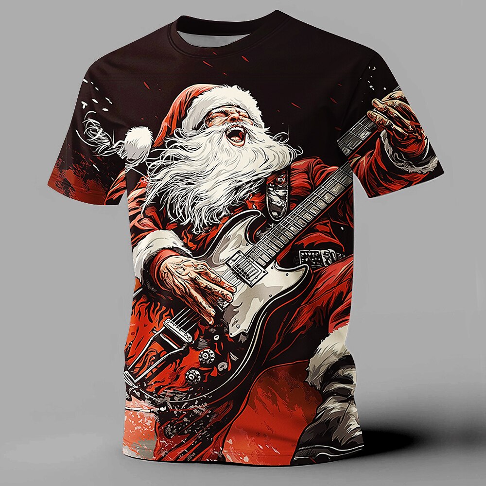 Santa Claus Guitar Christmas Music Graphic Short Sleeve Tee