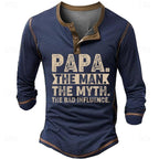 Papa Man Myth Bad Influence Funny Graphic Henley Shirt