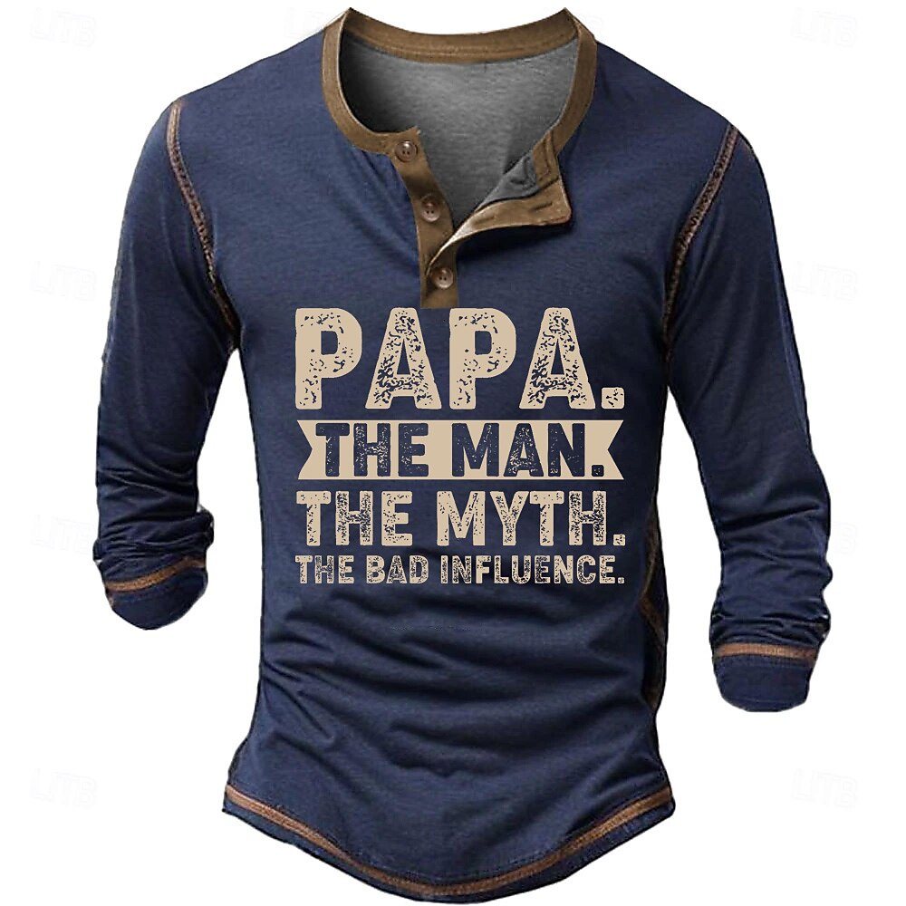 Papa Man Myth Bad Influence Funny Graphic Henley Shirt