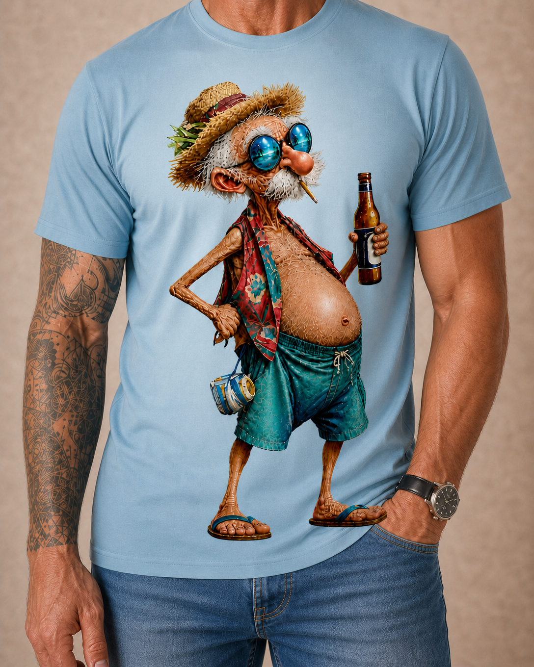 Funny Ombre Old Man Beer 3D Graphic Print Tee