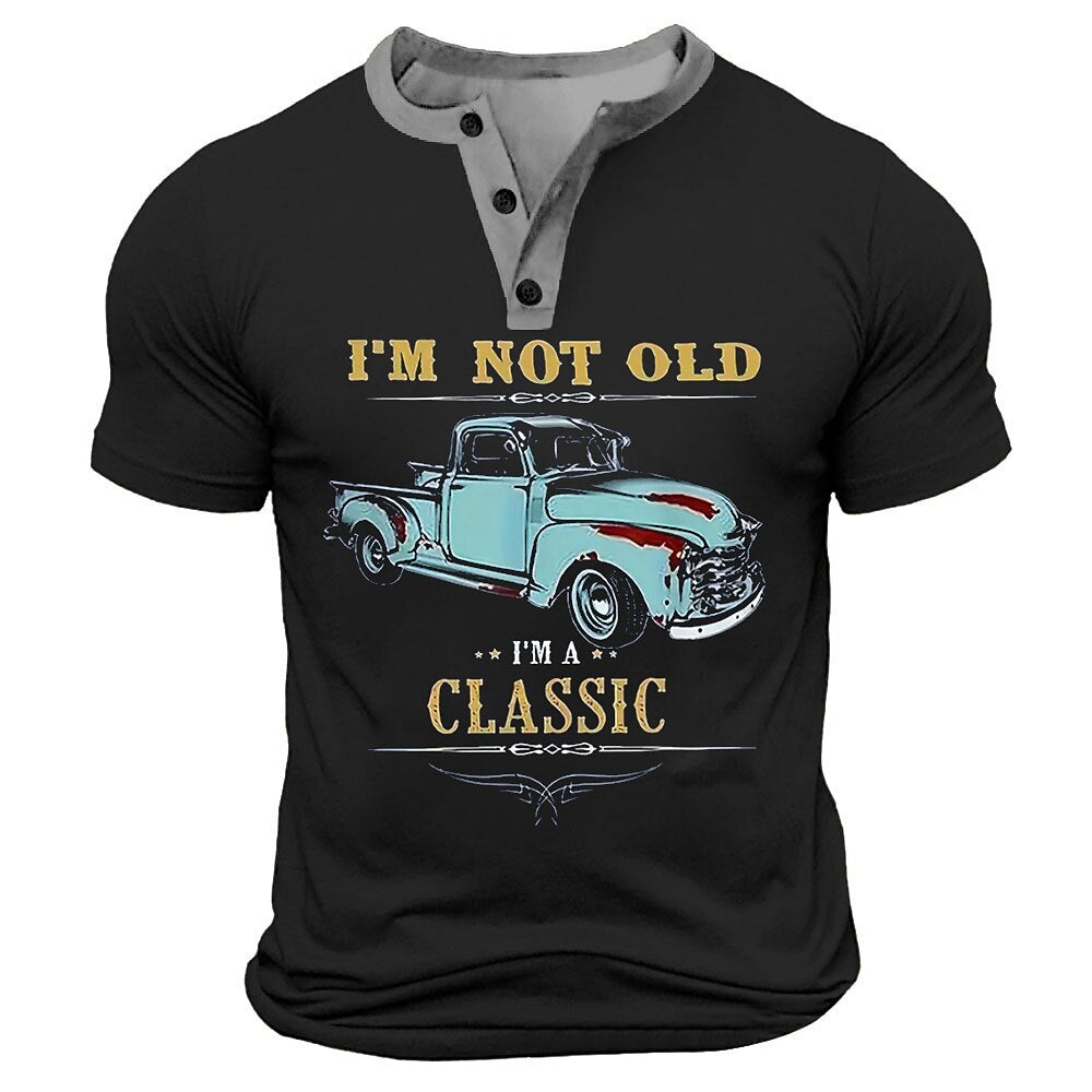Classic Car Retro Vintage Graphic Short Sleeve Henley Shirt