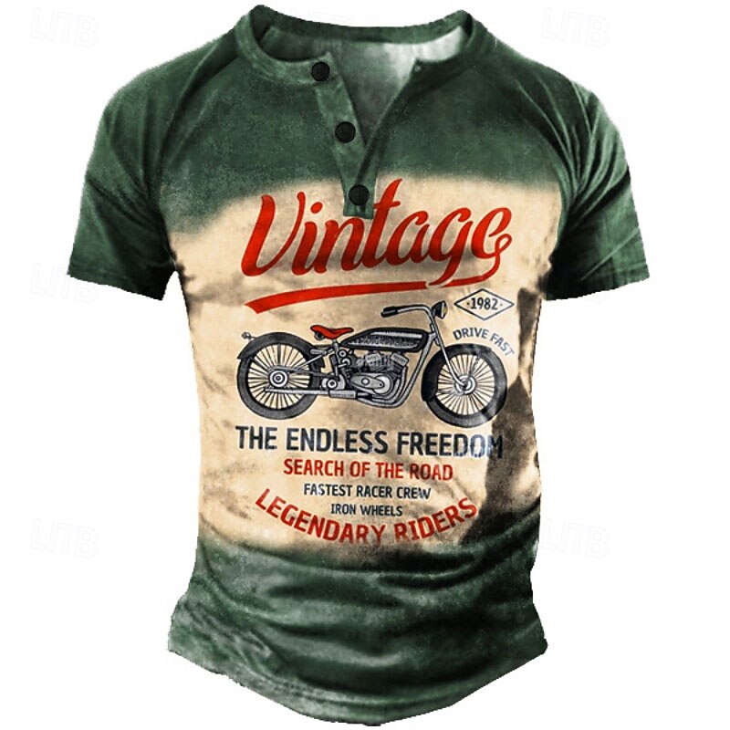 Vintage Motorcycle Rider Graphic Street Style Short Sleeve Henley