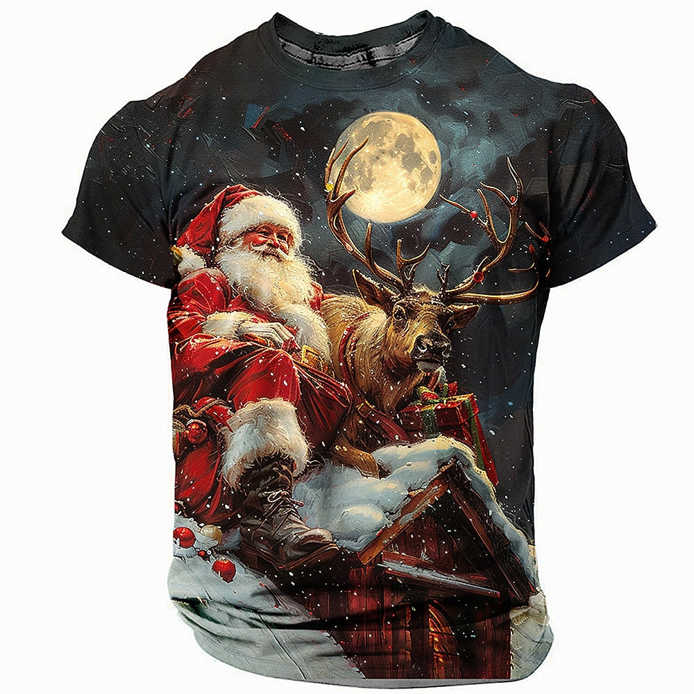 Santa Claus Reindeer Christmas Street Graphic Short Sleeve Tee
