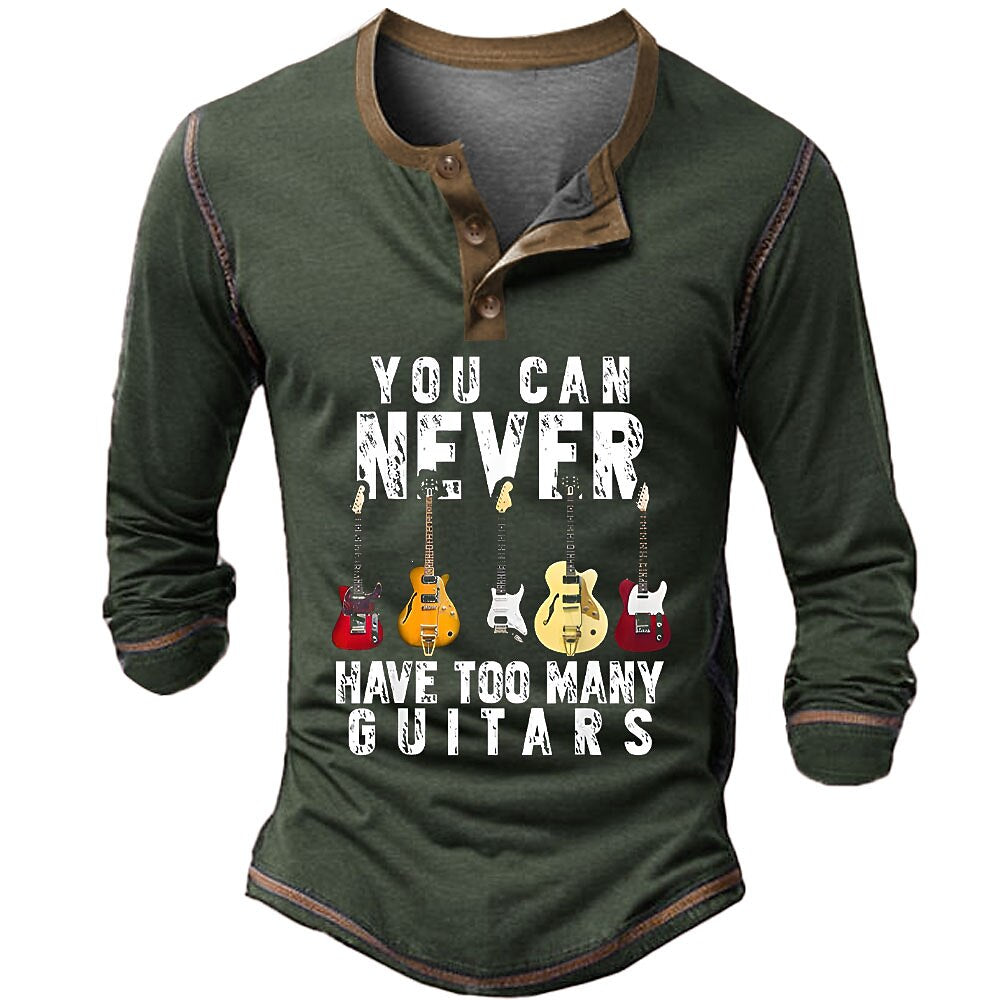 Vintage Guitar Player Music Graphic Long Sleeve Henley Shirt